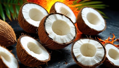Fresh Coconuts on Dark Background.