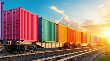 Fototapeta premium Colorful shipping containers near train tracks in a railway yard, under a bright blue sky, showcasing efficient intermodal logistics.