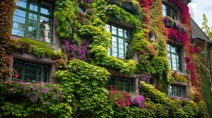Building with living walls covered in lush greenery