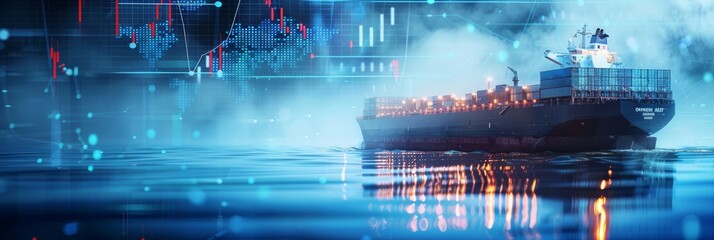 A cargo ship sails on the open water, a digital overlay of stock market trading graphs and a world map illuminates the scene, representing global trade and economic activity