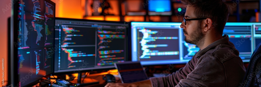 Poster a developer is working on cloud infrastructure in a modern office. he is surrounded by multiple moni
