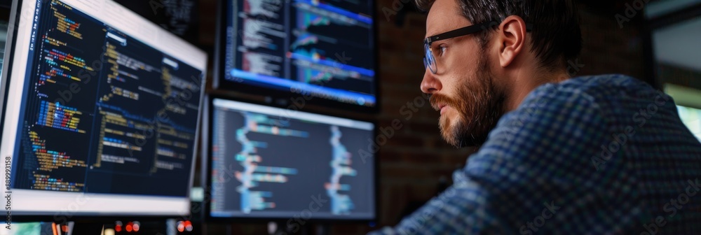 Poster a cloud infrastructure developer intently focuses on code displayed across multiple monitors in a mo