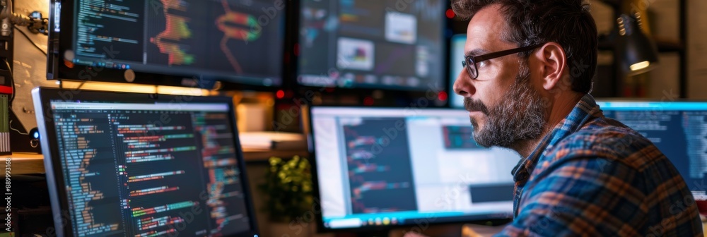 Poster a developer works on cloud infrastructure, analyzing code and data on multiple monitors
