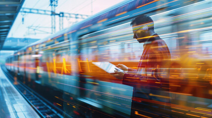 Businessman Using Tablet at Modern Train Station with Motion Blur of Passing Train