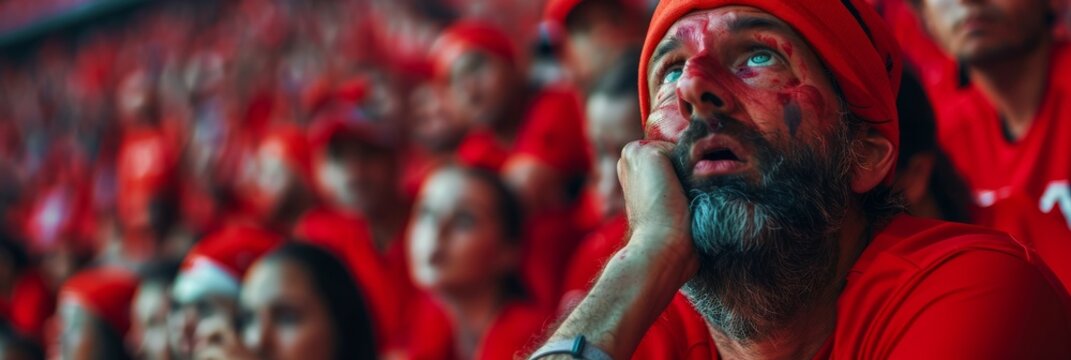 A dejected football fan wearing a red jersey and painted face, looks up in disappointment as he reacts to his team's loss at a stadium filled with other red-clad fans