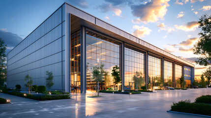 Obraz premium Sleek Steel Exterior of Modern Warehouse Office Building