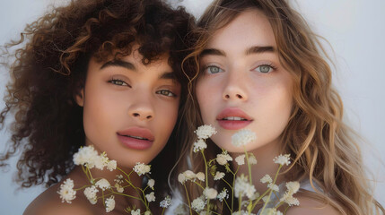 Obraz premium Close-up portrait of two women with flowers, showcasing natural beauty and diversity against a bright background.