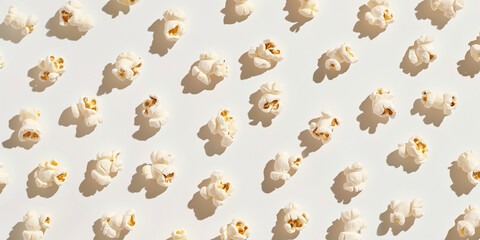 A background of popcorn, each with its shadow, scattered across the canvas in an elegant display, with soft shadows on a white background