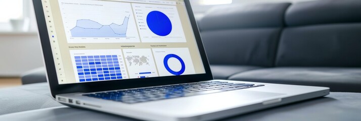 A laptop is open on a table, displaying an analytics dashboard with various charts and graphs