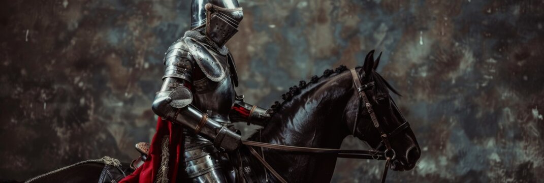 A knight in full armor, riding a black horse, holds a weapon while looking forward