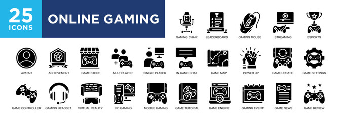 Online Gaming , technology, gaming, play, digital, internet icon set. icons collection. Simple vector illustration