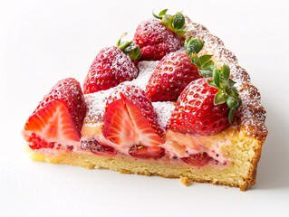 5. A slice of strawberry chess cake, with its rich and creamy interior contrasted by a golden-brown crust, topped with fresh strawberries and a light dusting of powdered sugar, set against a simple