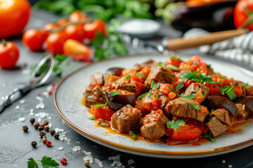 beef stew with eggplant. AI generative.