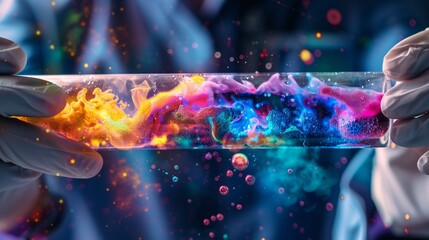 A scientist's hands hold a test tube with a vibrant chemical reaction, highlighting lab innovation.