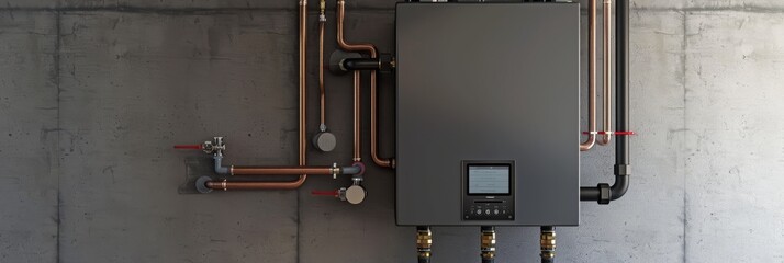 A modern tankless water heater is installed on a clean concrete wall in a basement. The unit has a digital display and is connected to a system of copper and black pipes