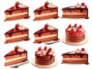 3. Detailed vector images of a richly glazed cake, shown from multiple angles, capturing the sheen and deliciousness of the confectionery, ideal for menu illustrations, with each position isolated on