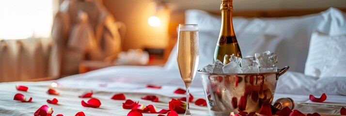 A champagne bottle in an ice bucket and a glass of champagne sit on a bed covered in rose petals in a romantic hotel room