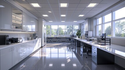 Obraz premium A modern laboratory with sleek surfaces and state-of-the-art equipment, highlighting the clean and professional environment.