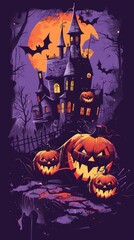 Halloween Day Concept. Graphic t-shirt design style halloween haunted house. pumpkin heads. Violet background
