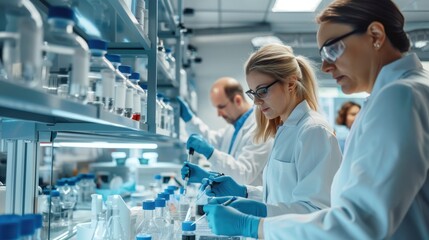 A team of researchers in a pharmaceutical lab, working on the development of new medications and treatments.