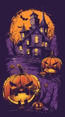 Fototapeta premium Halloween Day Concept. Graphic t-shirt design style halloween haunted house. pumpkin heads. Violet background
