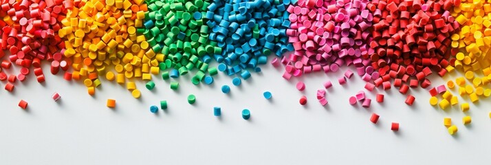 Vibrant plastic masterbatch pellets in various colors are spread out on a white background, viewed from above