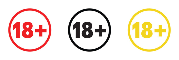 Under 18 sign warning symbol. Over 18 only censored. Eighteen age older forbidden adult content. Age limit sign or icon in red. Restriction vector isolated on white background in eps 10.
