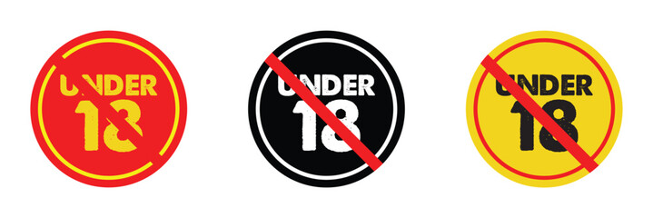 Under 18 sign warning symbol. Over 18 only censored. Eighteen age older forbidden adult content. Age limit sign or icon in red. Restriction vector isolated on white background in eps 10.