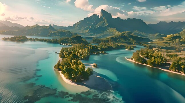 Aerial View of Bora Bora. Tahiti, French Polynesia. White Sand Beaches and Mountains. Palm Trees and Blue Lagoon