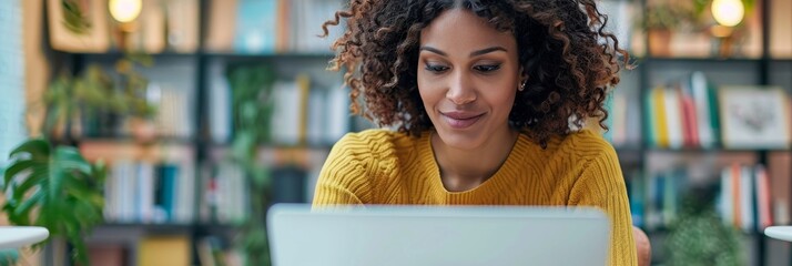 A woman with curly hair sits at a table in front of a bookshelf, using a laptop to participate in an online workshop breakout session