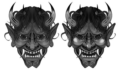 Oni Mask 2D Digital drawing detailed Japan demon face painting with gradient texture isolated on white Hannya clip art asian culture design logo textile print  