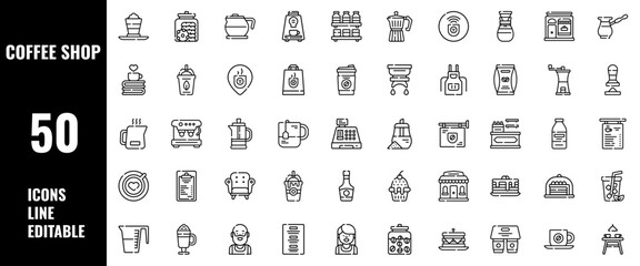 50 Coffee Shop Icons Set Line Editable Vector Illustration