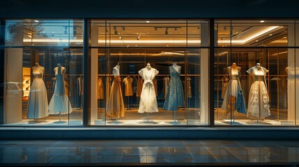 Fashionable Dresses on Display in a Boutique Window