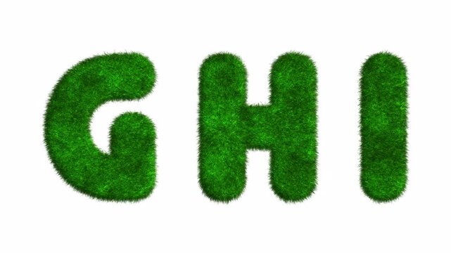 Animated 3D alphabet letters "G H I" with green lawn and grass effect, transparent background with alpha channel, seamless loopable element