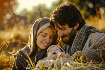 Nativity scene with Mary, Joseph, and baby Jesus, birth of Christ child, live Christmas nativity scene © Emanuel
