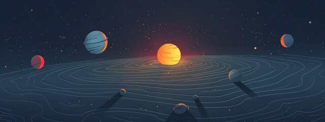 Fototapeta premium Illustration planets orbiting a central star, their positions changing dynamically.