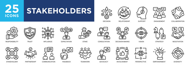 Stakeholder, business, management, collaboration, strategy, team icon set. icons collection. Simple vector illustration