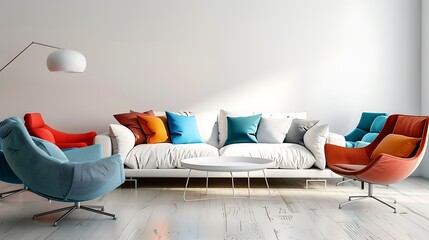A stylish bedroom with a white sofa and various colored chairs, against a solid white background.