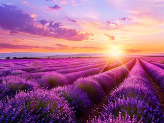 Fototapeta premium 3. A picturesque view of a lavender field in Provence at sunset, with the sun dipping below the horizon, painting the sky in shades of pink and purple, and casting a magical glow over the endless