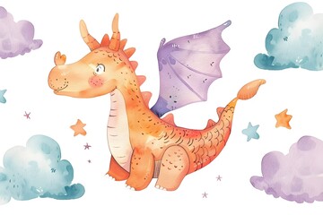 Fototapeta premium Whimsical Watercolor Dragon with Playful Wings and Airy Fantasy Elements