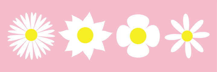 Set of daisy flowers icons isolated on pink background vector illustration. EPS10