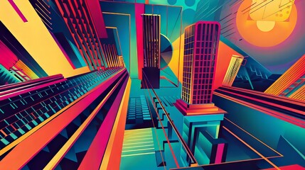 Geometric shapes and vibrant colors create a dynamic cityscape with a retro feel