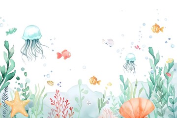 Minimalist Watercolor Aquarium with Cute Sea Creatures in Serene Underwater Scene