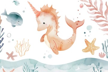Obraz premium Watercolor Minimalist Seahorse with Playful Marine Creatures in Serene Underwater Scene