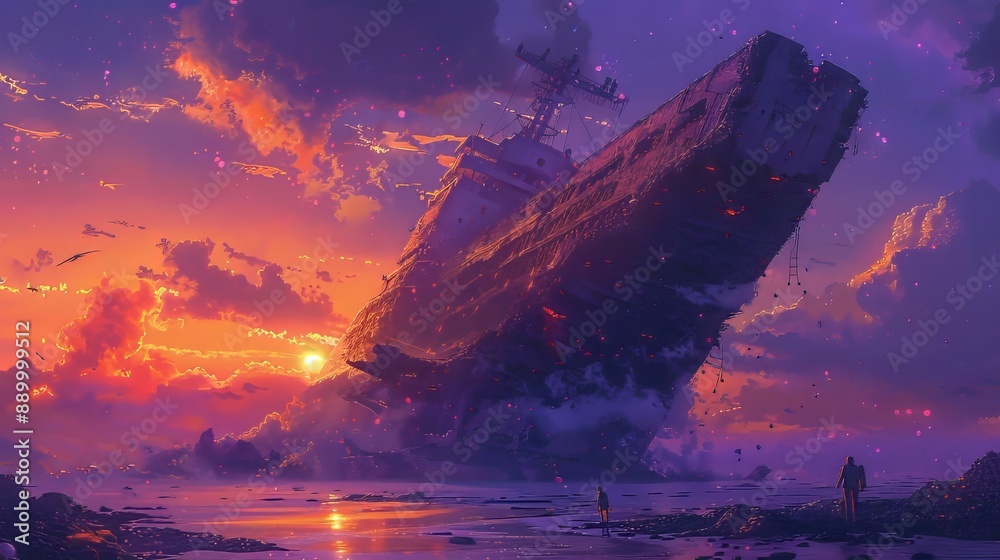 Sticker desolate beach with a colossal shipwreck under a vibrant setting sun