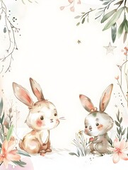 Fototapeta premium Watercolor of Whimsical Rabbit Bunny Frame for Baby Shower and Invitations