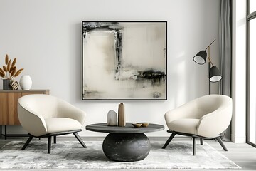 Harmonious blend of comfort and style, featuring two arm chairs in a modern living room setting a prominent framed poster on a white wall.