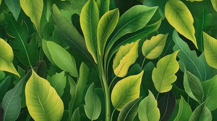 Fototapeta premium A close-up of lush green leaves bathed in sunlight, perfect for a summery nature background