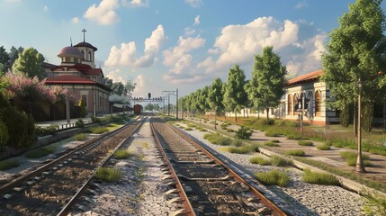 Fototapeta premium A perspective view of the Edirne Railroad would showcase the tracks extending into the distance, bordered by surrounding landscapes or urban settings.