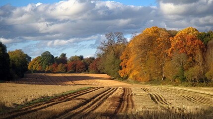 A rural landscape featuring crops and trees adorned in autumn colors, creating a picturesque scene of agricultural beauty and seasonal change.